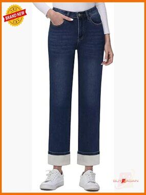 Straight Leg Fleece Lined Jeans Winter Warm High Rise Pants